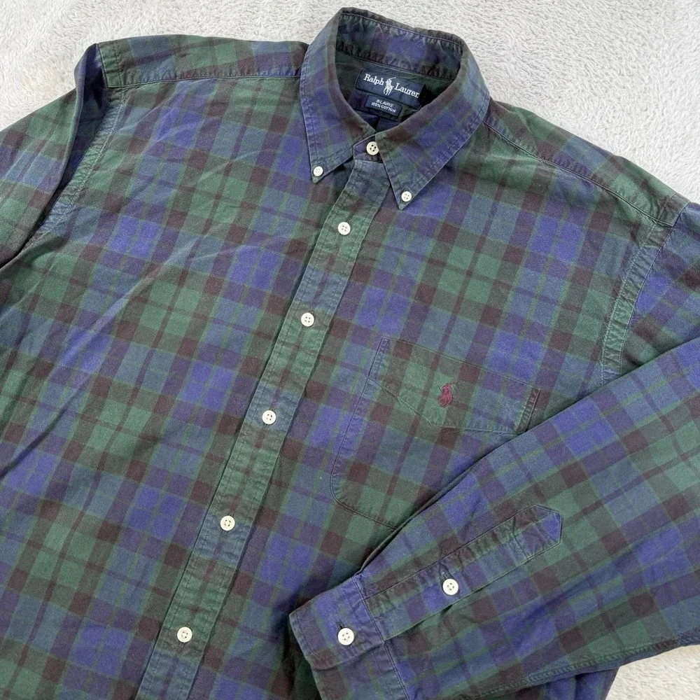 Polo Ralph Lauren Shirt Men Large Blaire Blackwatch Tartan Plaid Blue Green Pony